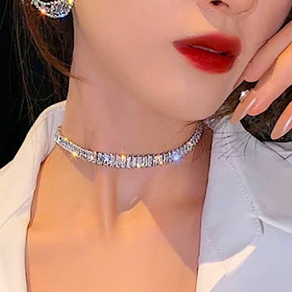 STERLING SILVER DIAMOND ZIRCON RHINESTONE CHOKER NECKLACES - Picture 5 of 8